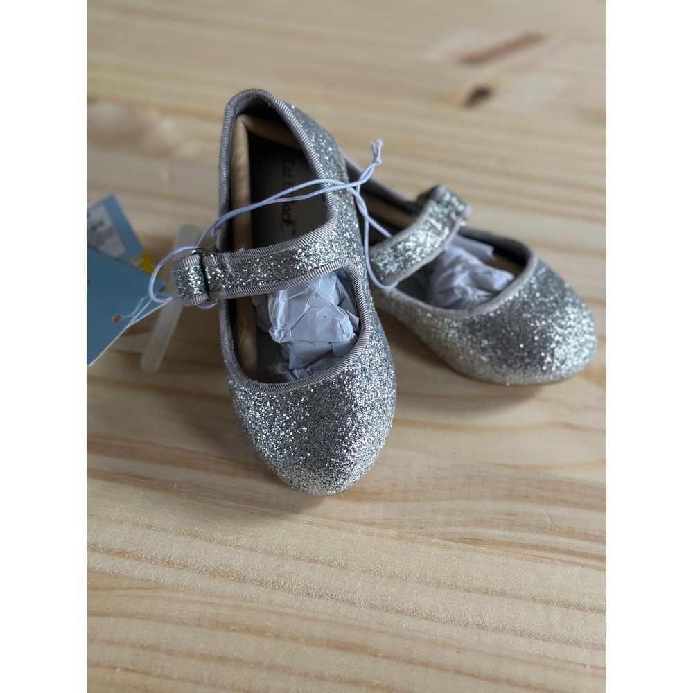 Cat & Jack Toddler Girls Silver Glitter Mary Jane Flats Memory Foam Size 5 NWT